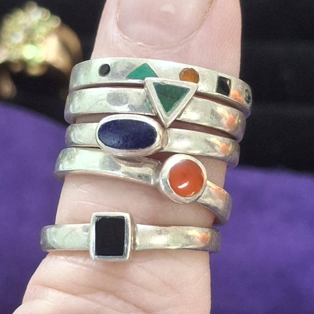 Vtg. Sterling Silver 925 Stacking Rings with Multicolor Inlaid Gemstones
